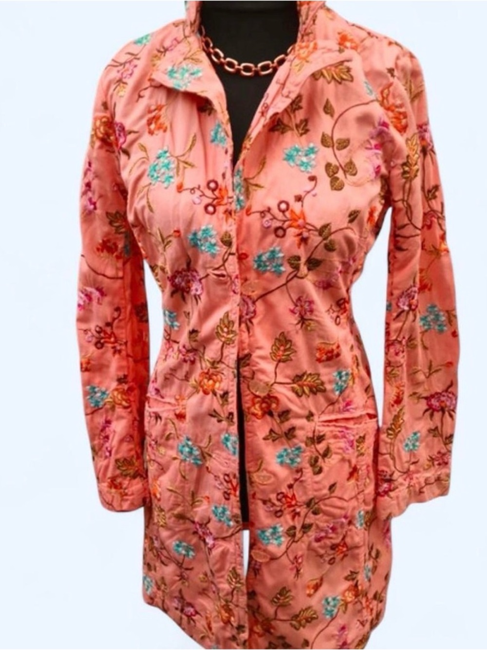 Johnny Was Coral Pink Embroidered Cotton Shirt Jacket Dress S